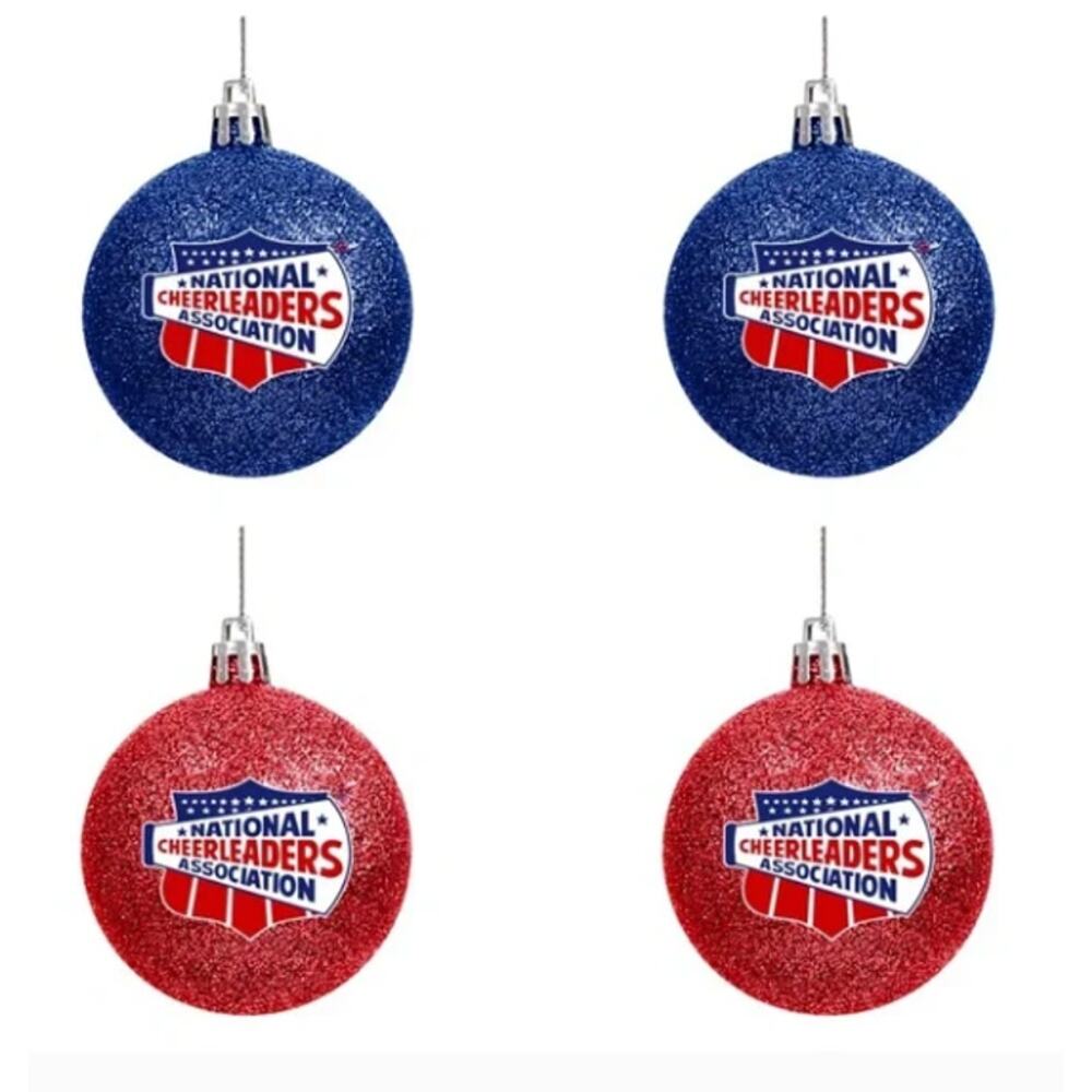 NCA Varsity Spirit 4 pack team ornament set FOCO red blue glitter silver cheer